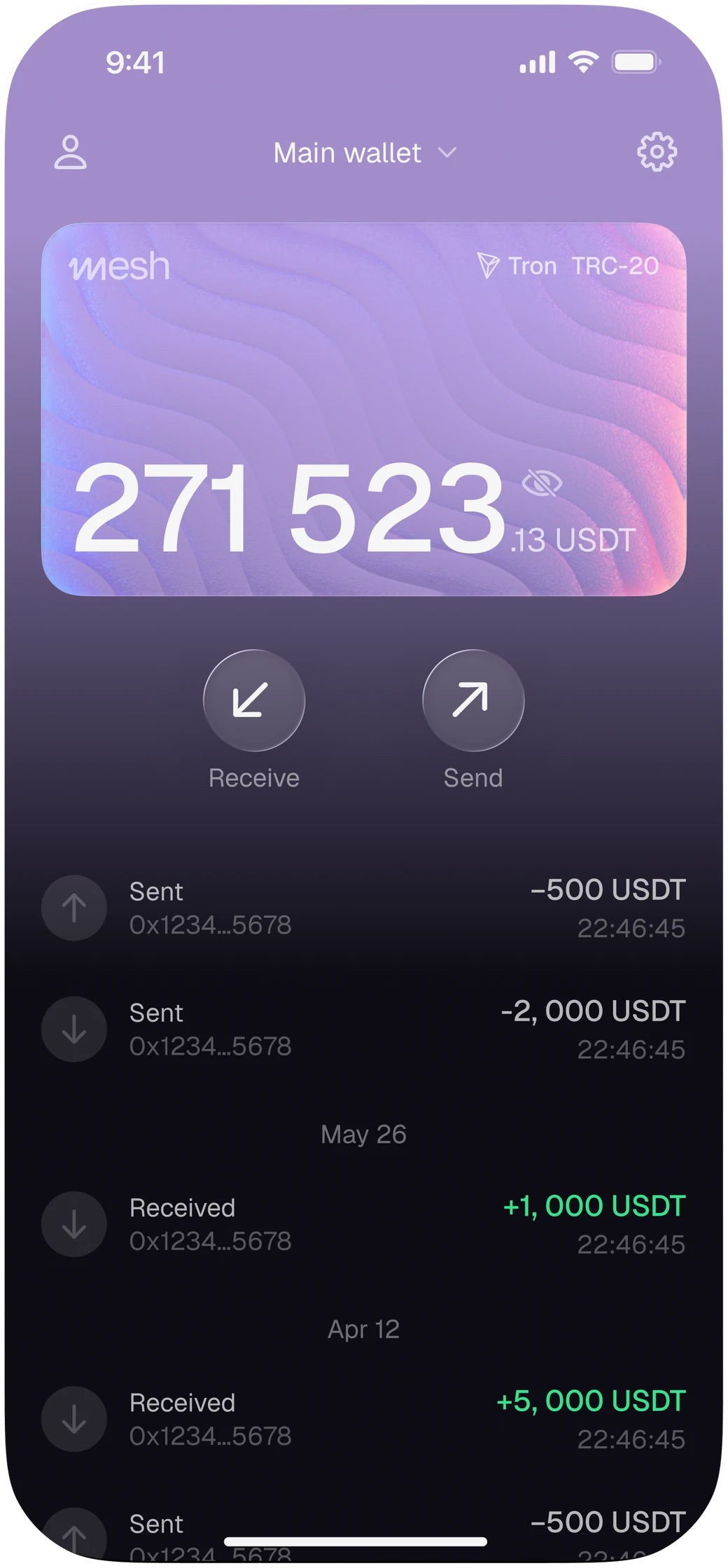 Mesh wallet home screen showing balance and recent transactions
